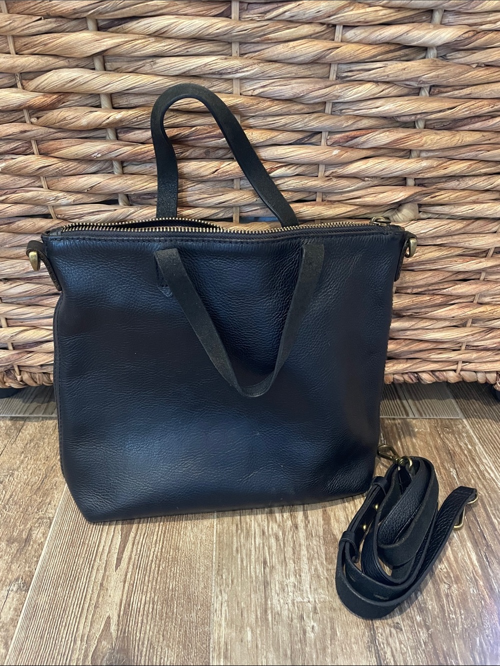 Madewell Black Genuine Leather Tote Bag with Removable Strap
